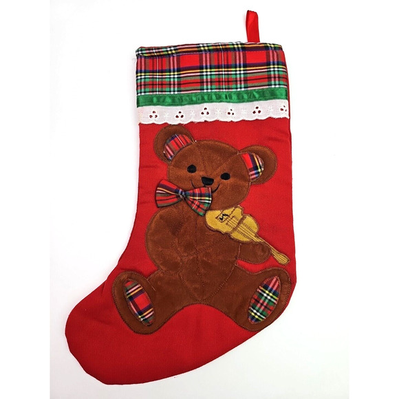 Vintage Christmas Stocking Teddy Bear Red Plaid Cotton Suede Music Pocket 13 in - Picture 1 of 8